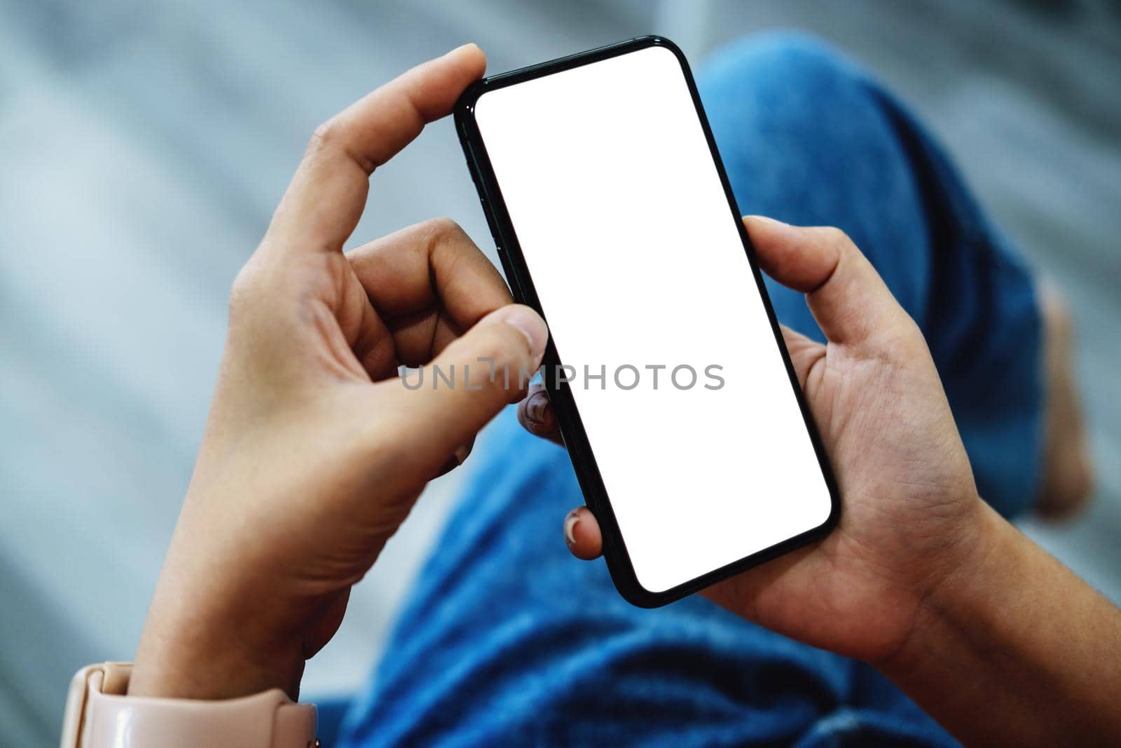 Editing, Advertising Media, Creative Work, Close up woman hand holding white phone on blank screen clipping path