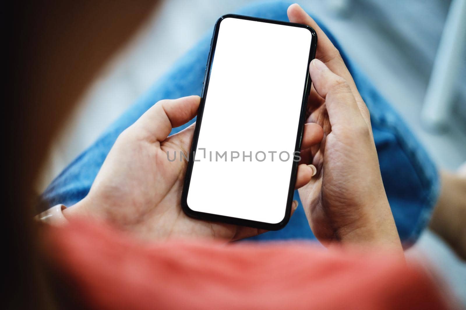 Editing, Advertising Media, Creative Work, Close up woman hand holding white phone on blank screen clipping path