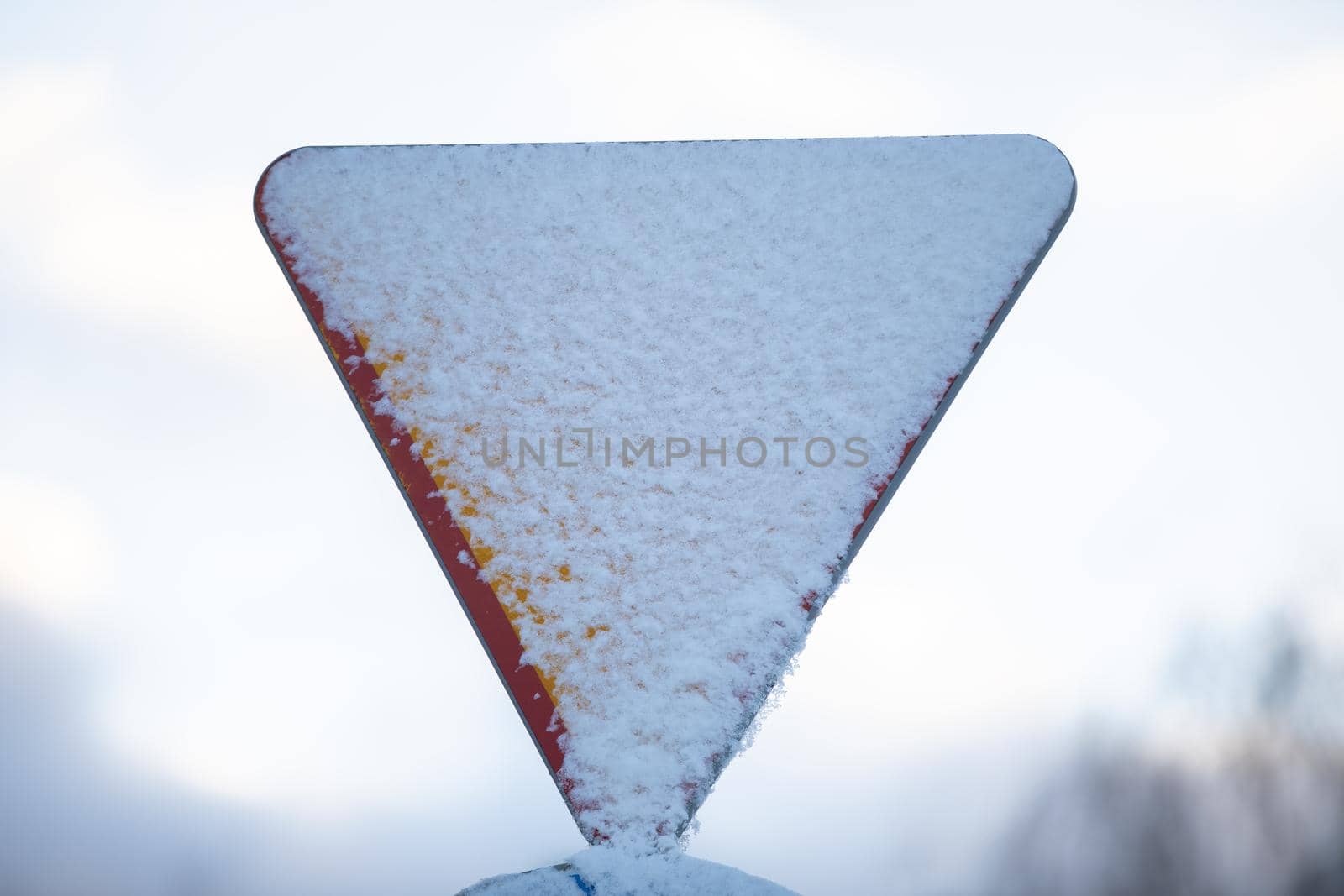 Road sign covered with a layer of white and cold snow. Give way to priority. Against the background of a blurred sky. The shape of a triangle. Road signs warning.