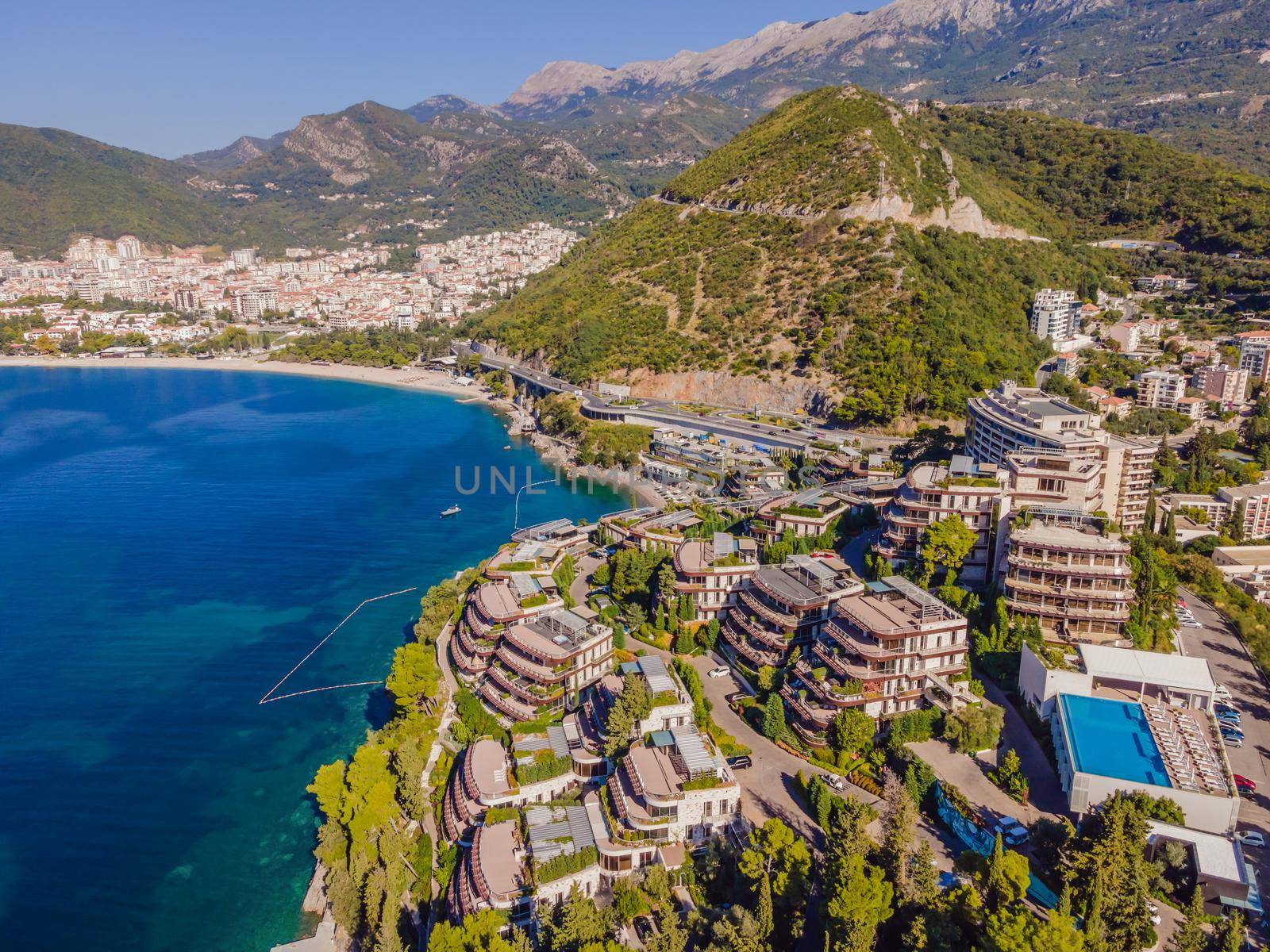 Aerophotography. View from flying drone. Panoramic cityscape of Budva, Montenegro. Top View. Beautiful destinations.