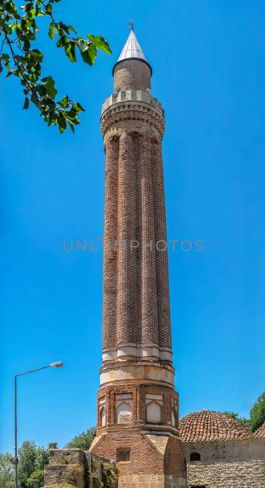 Antalya, Turkey 19.07.2021. Yivli Minare Mosque or Alaaddin Mosque in Antalya, Turkey, on a sunny summer day