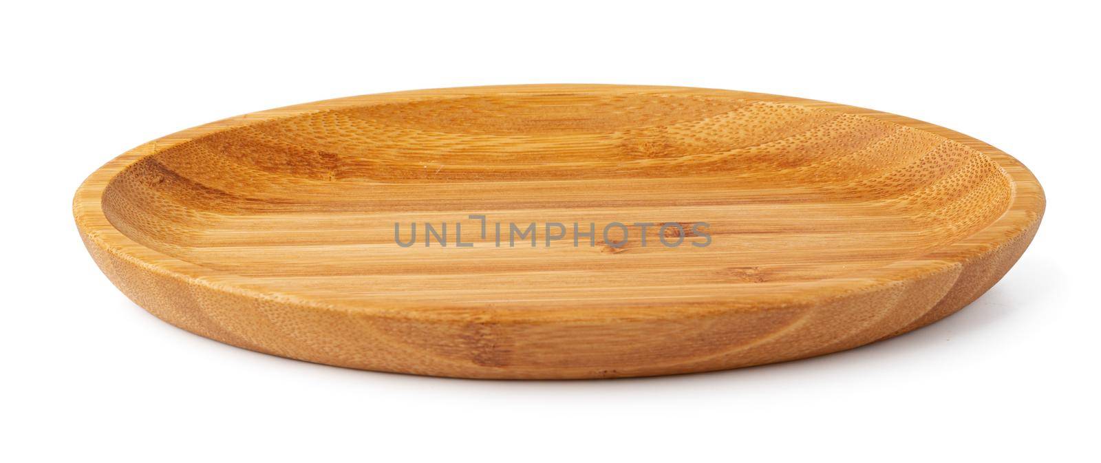 Wooden plate isolated on white background, close up photo