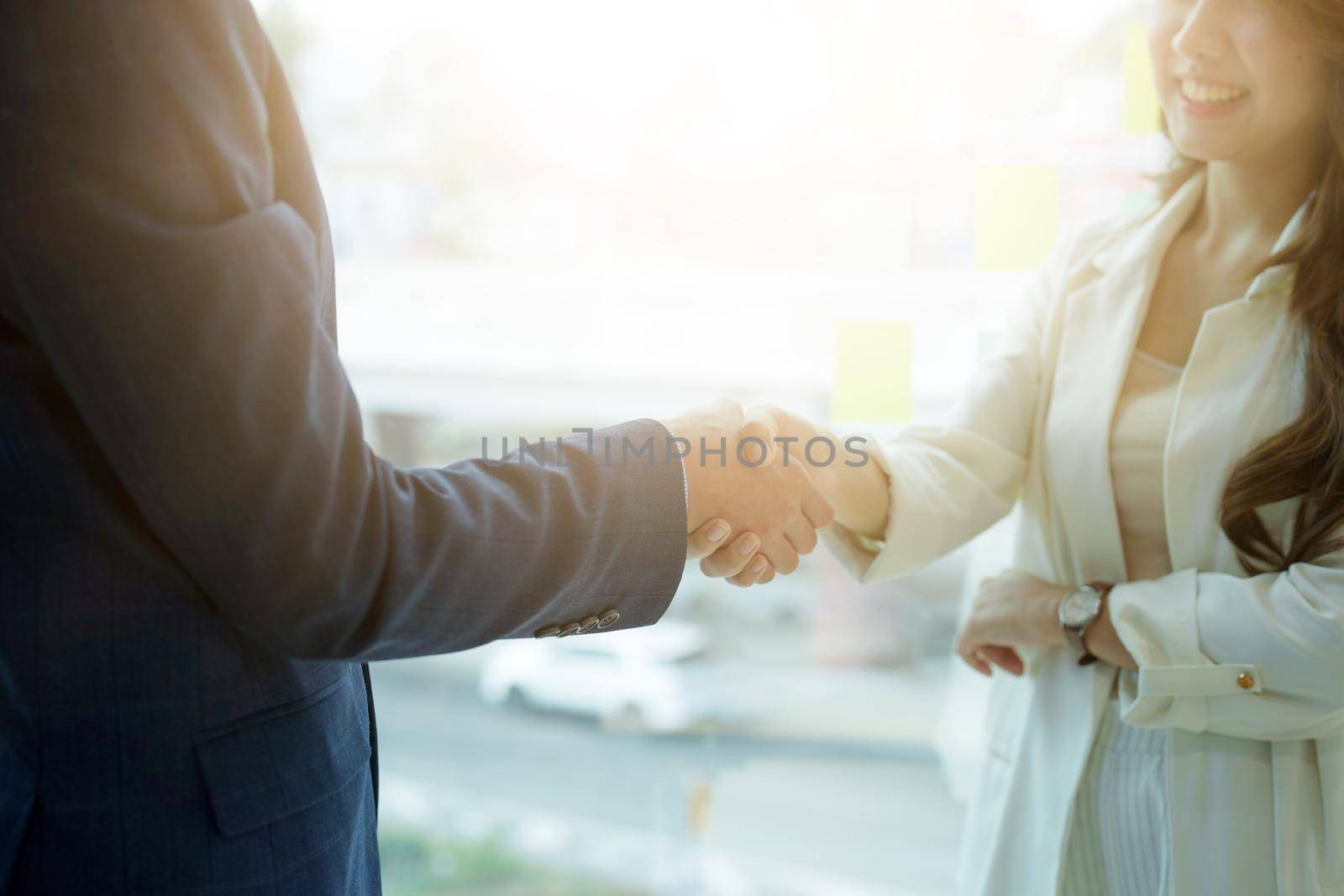 Business asian people shaking hands, finishing up meeting.