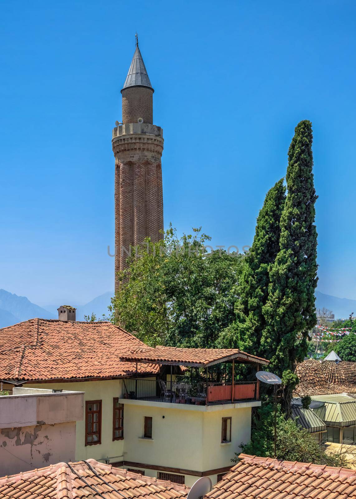 Antalya, Turkey 19.07.2021. Yivli Minare Mosque or Alaaddin Mosque in Antalya, Turkey, on a sunny summer day