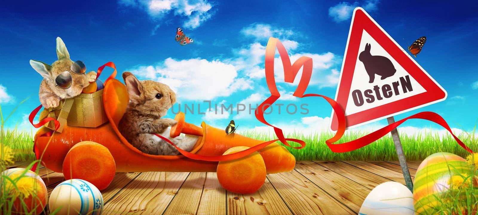 Easter composition with rabbit. Festive decoration. Happy Easter.