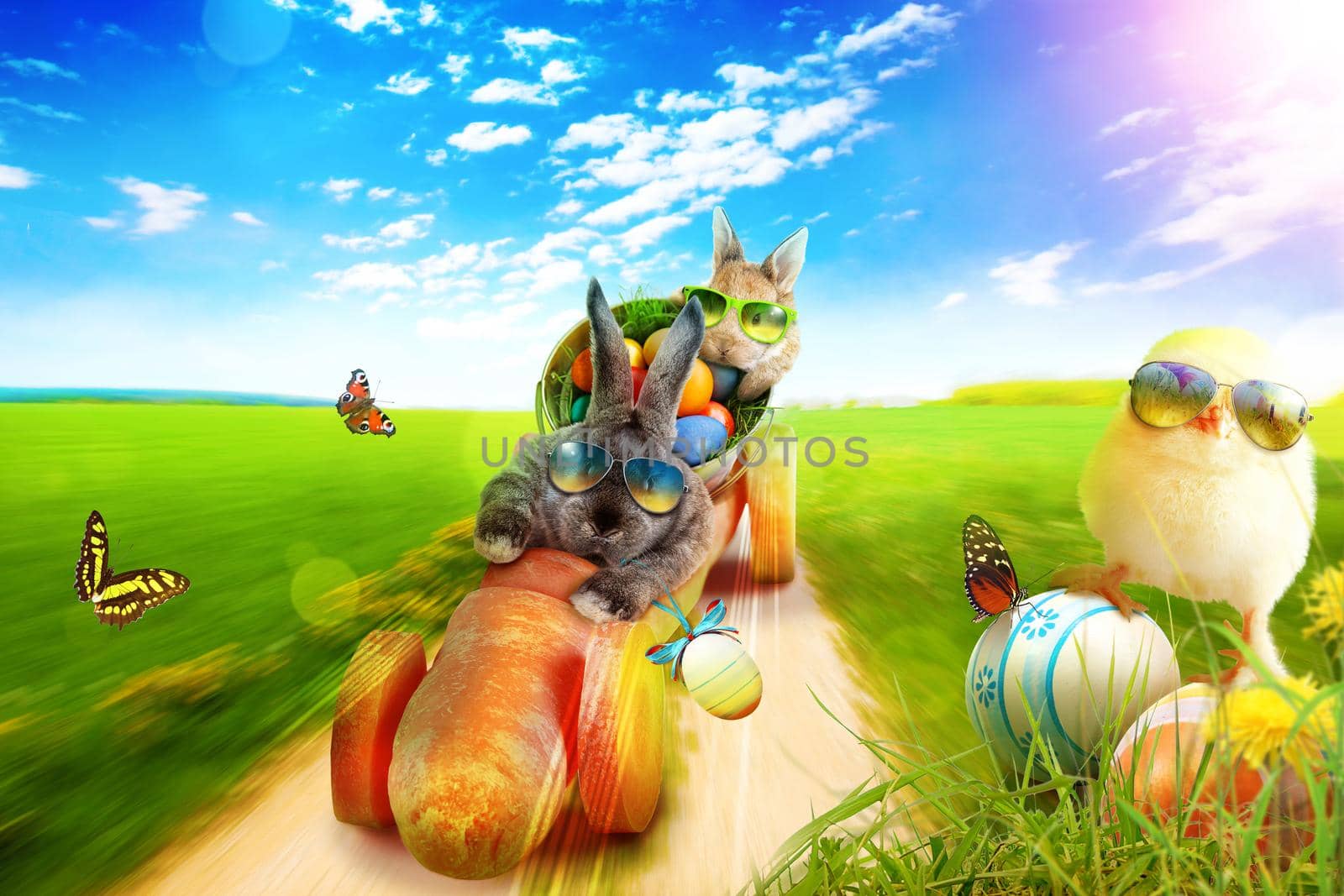 Easter composition with rabbit. Festive decoration. Happy Easter.