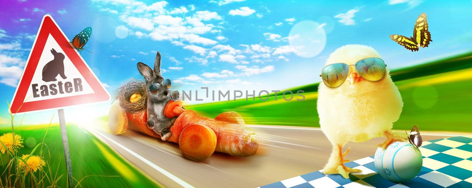 Easter composition with rabbit. Festive decoration. Happy Easter.