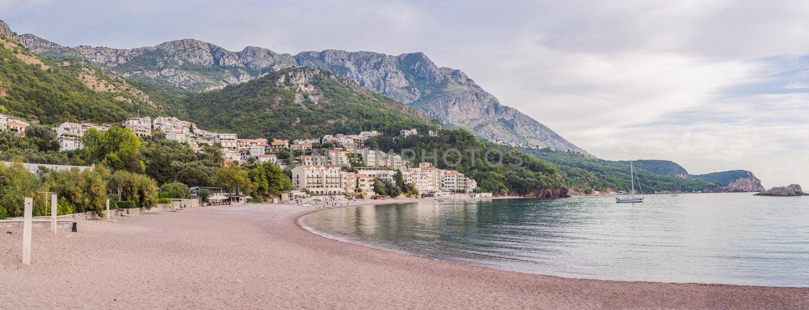 Sveti Stefan beach in sunny summer day, Budva, Montenegro.