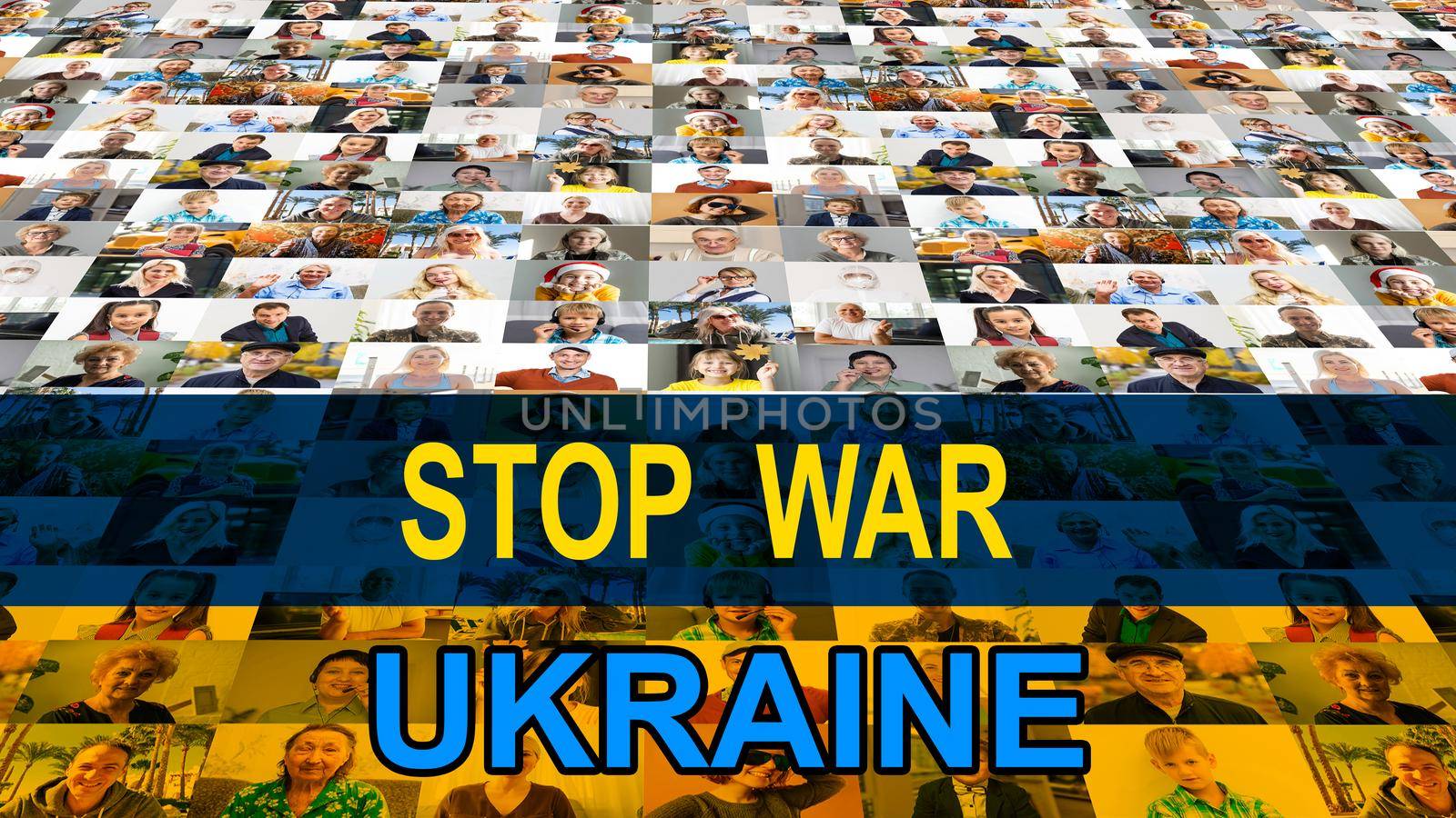 Yellow-blue national flag of Ukraine, faces collage with stop war by Andelov13