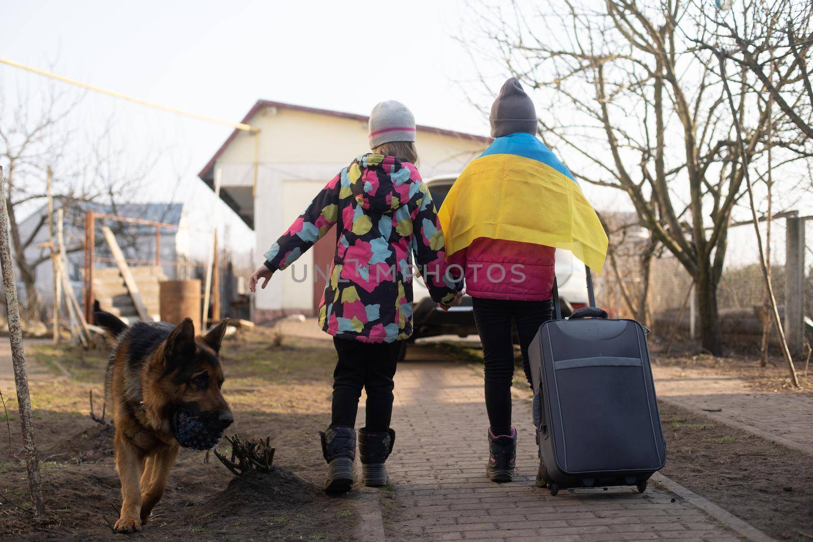 two little girls with the flag of ukraine, suitcase, dogs. Ukraine war migration. Collection of things in a suitcase. Flag of Ukraine, help. Krizin, military conflict