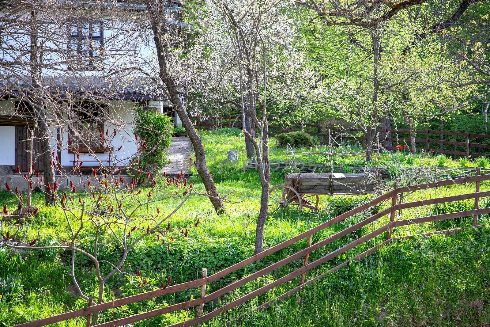 Wooden cart decoration in the yard at the village house with wooden fence by EdVal