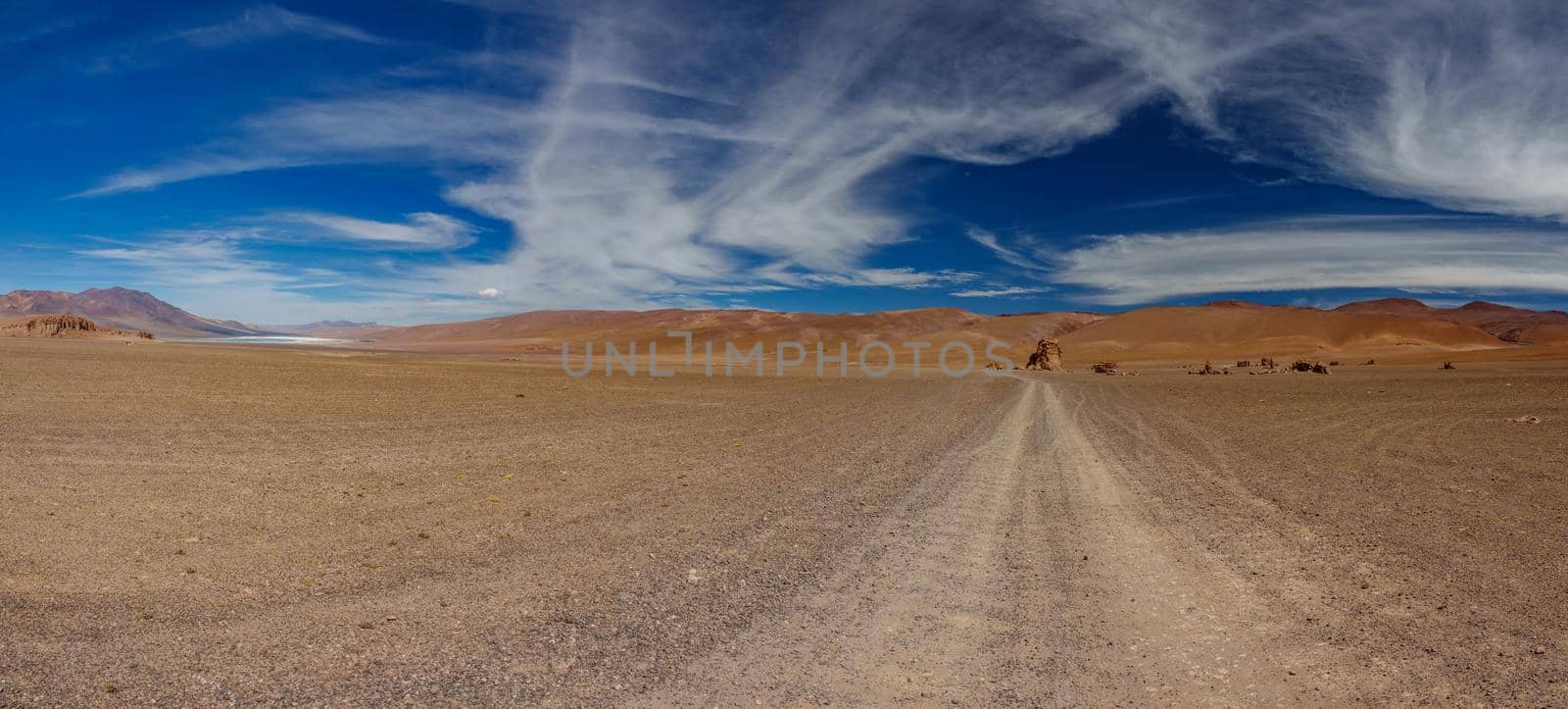Track to Pacana Monks in Atacama desert, wide panorama