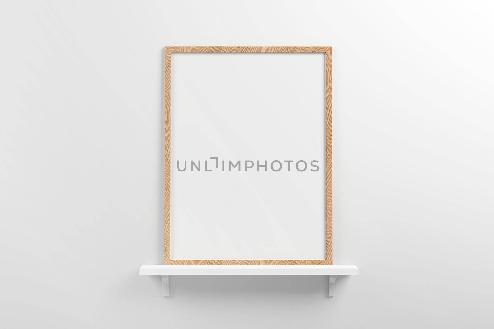 Small vertical wooden frame mockup in scandinavian style interior on a shelf on empty neutral white wall background. 3d illustration