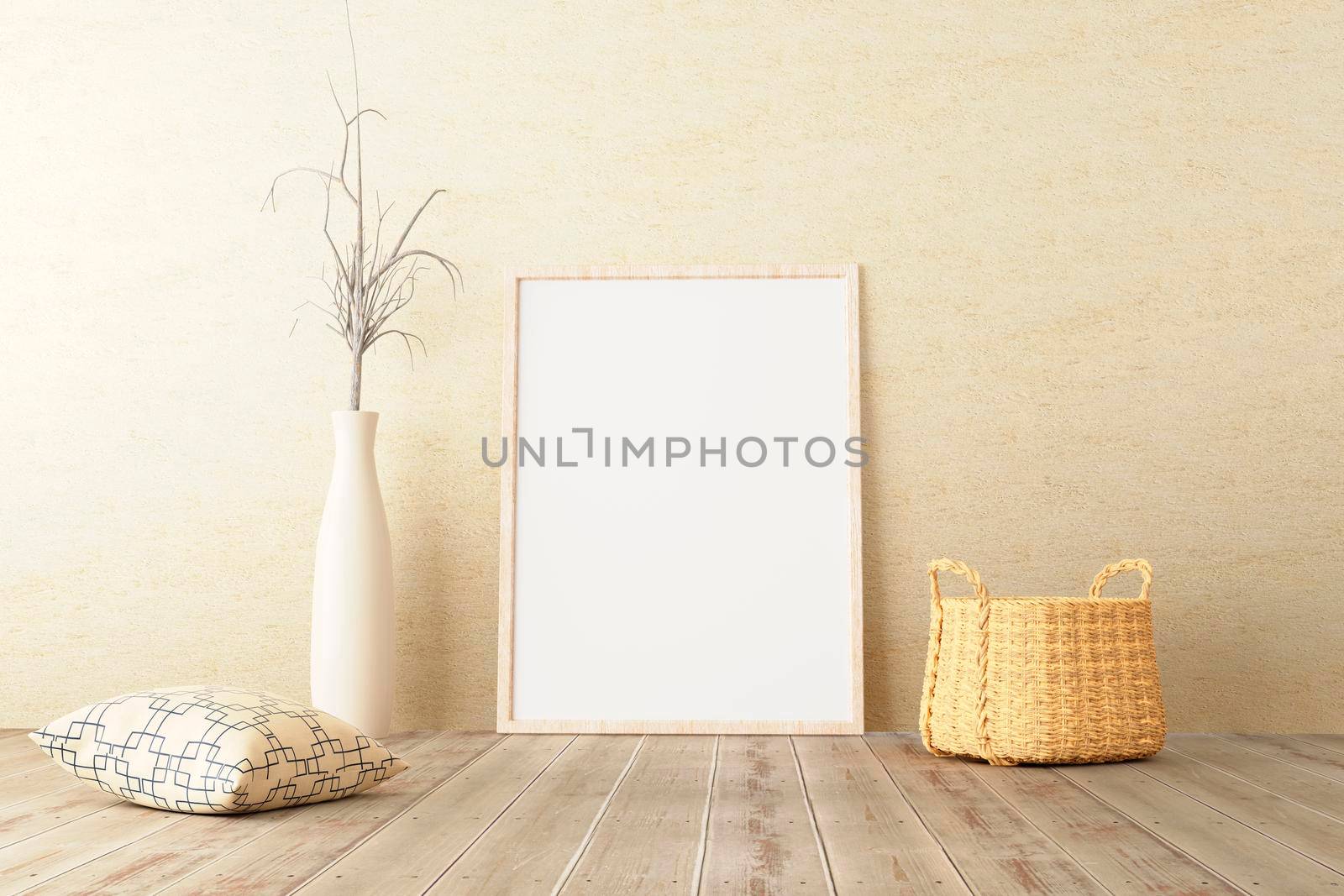 Vertical frame mockup standing on wooden floor in living room interior with dried plant, woven basket and pillow on concrete wall background. 3d illustration
