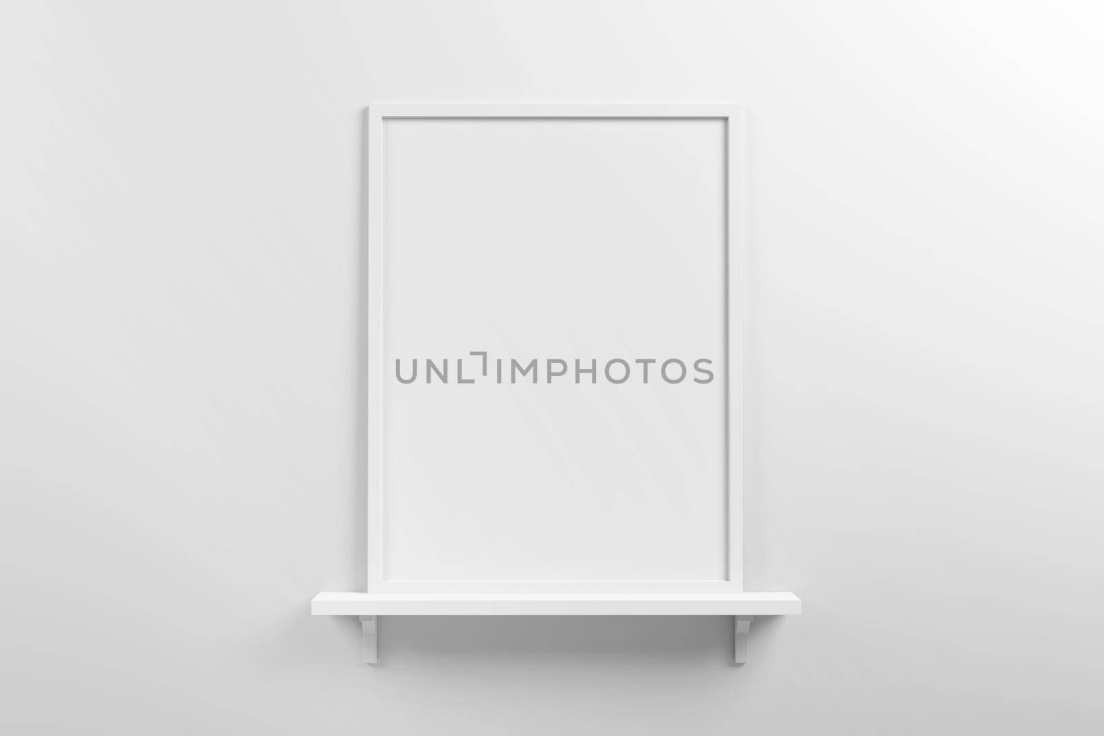 Small vertical white wooden frame mockup in scandinavian style interior on a shelf on empty neutral white wall background. 3d illustration