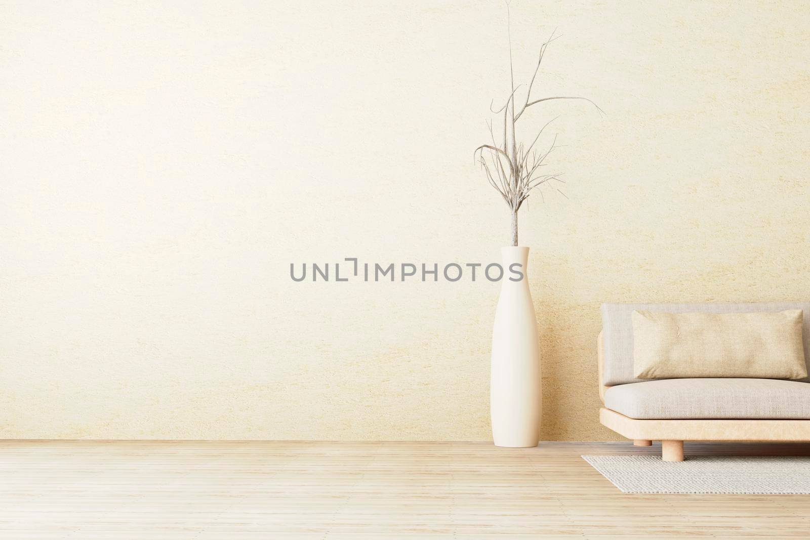 Interior wall mockup in warm neutrals with low sofa, beige pillow and dried plant on ceramic pot in style living room with empty concrete wall background. 3D illustration