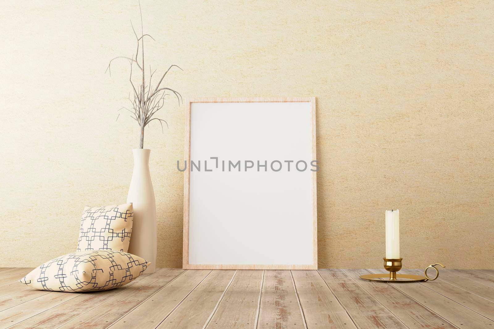 Vertical frame mockup standing on wooden floor in living room interior with dried plant on ceramic jug, candle and pillow on concrete wall background. 3d illustration by raferto1973