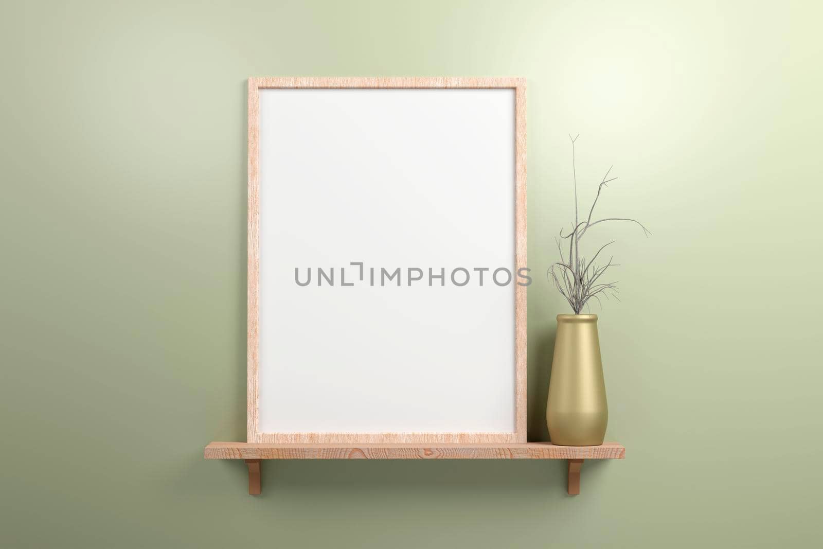 Small vertical wooden frame mockup in scandinavian style, dried plant into ceramic pot on a wooden shelf on green wall background. 3d render