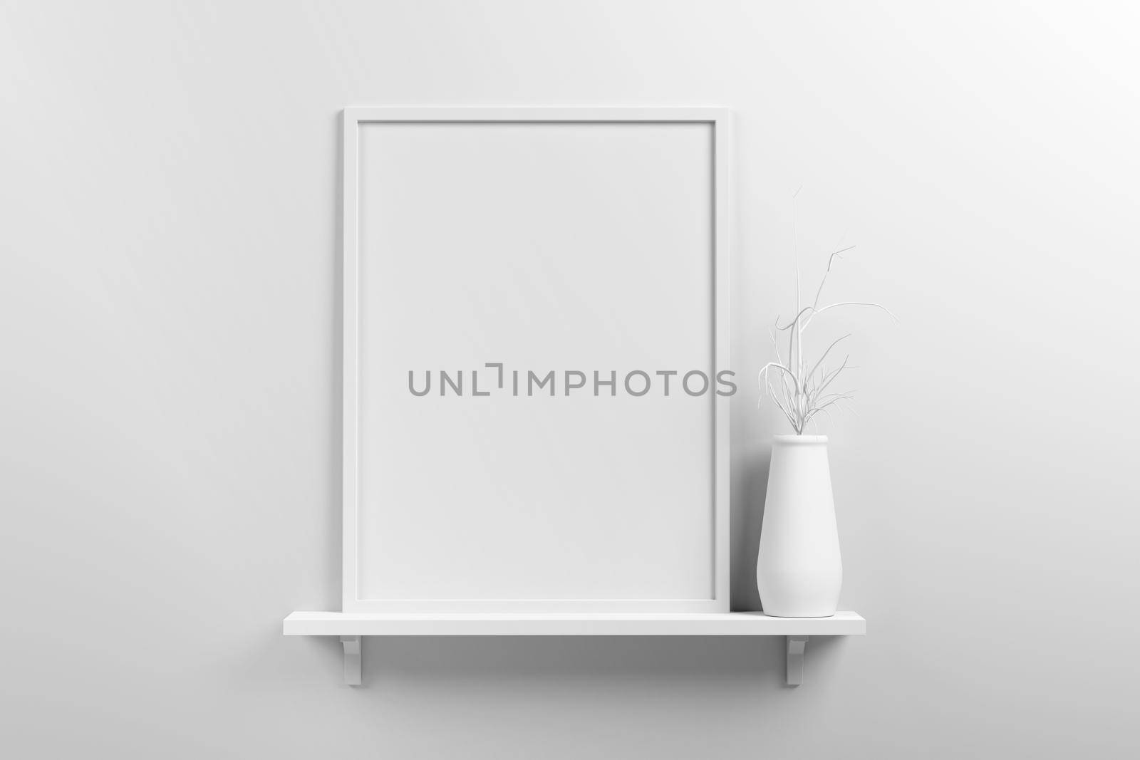 Small vertical wooden frame mockup in scandinavian style interior and dried plant on white jug on a shelf on empty neutral white wall background. 3d render