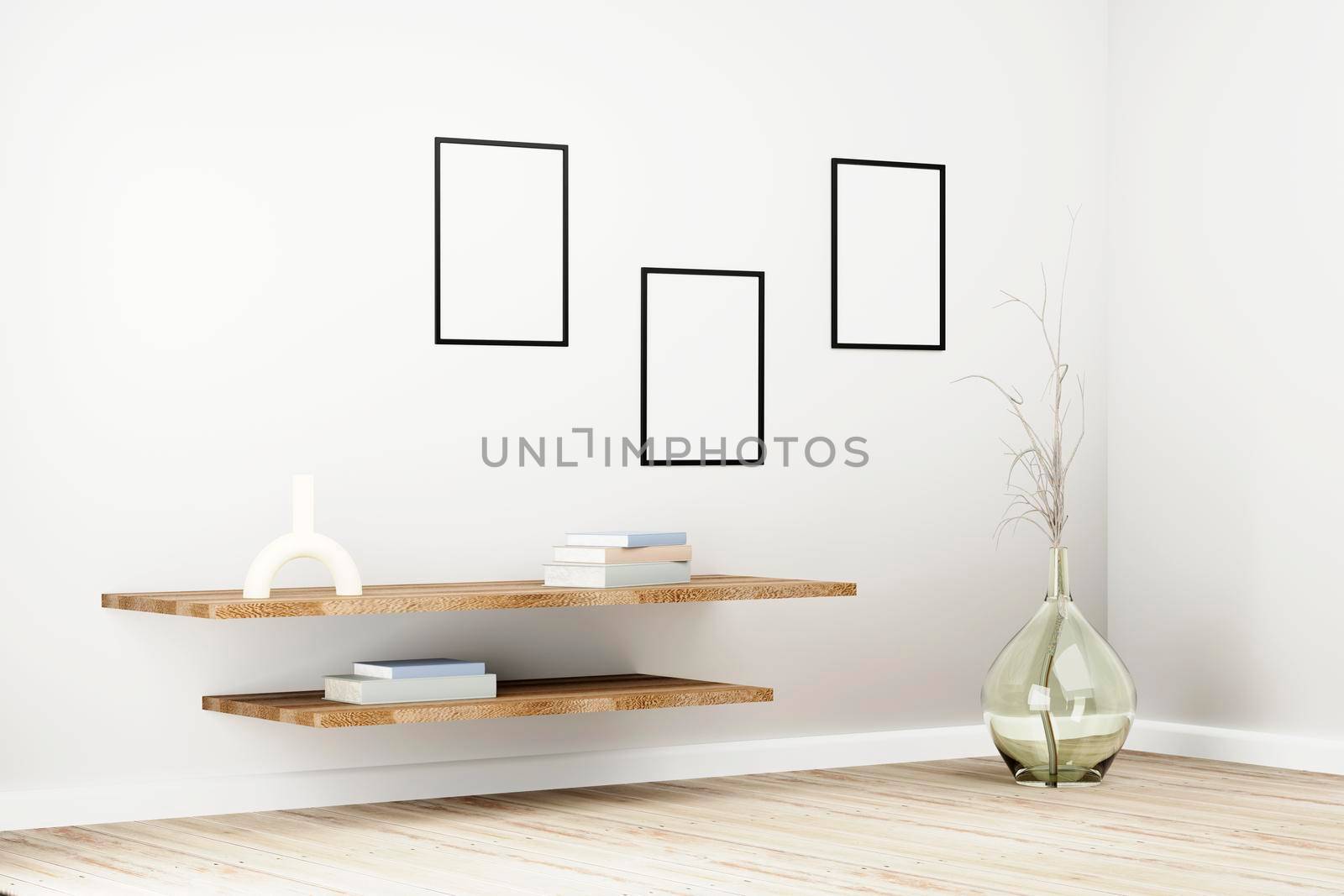 Black frames on white wall in bright interior with plants on floor in glass pot and books on wooden shelves. 3d illustration by raferto1973