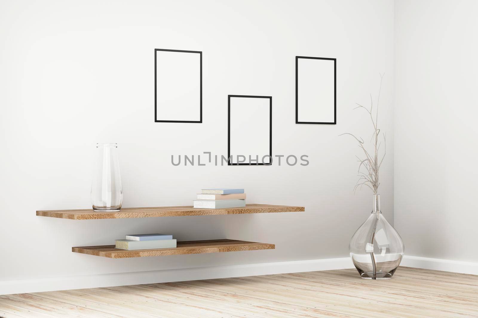 Black frames on white wall in bright interior with plants on floor in glass pot and books on wooden shelves. 3d illustration by raferto1973