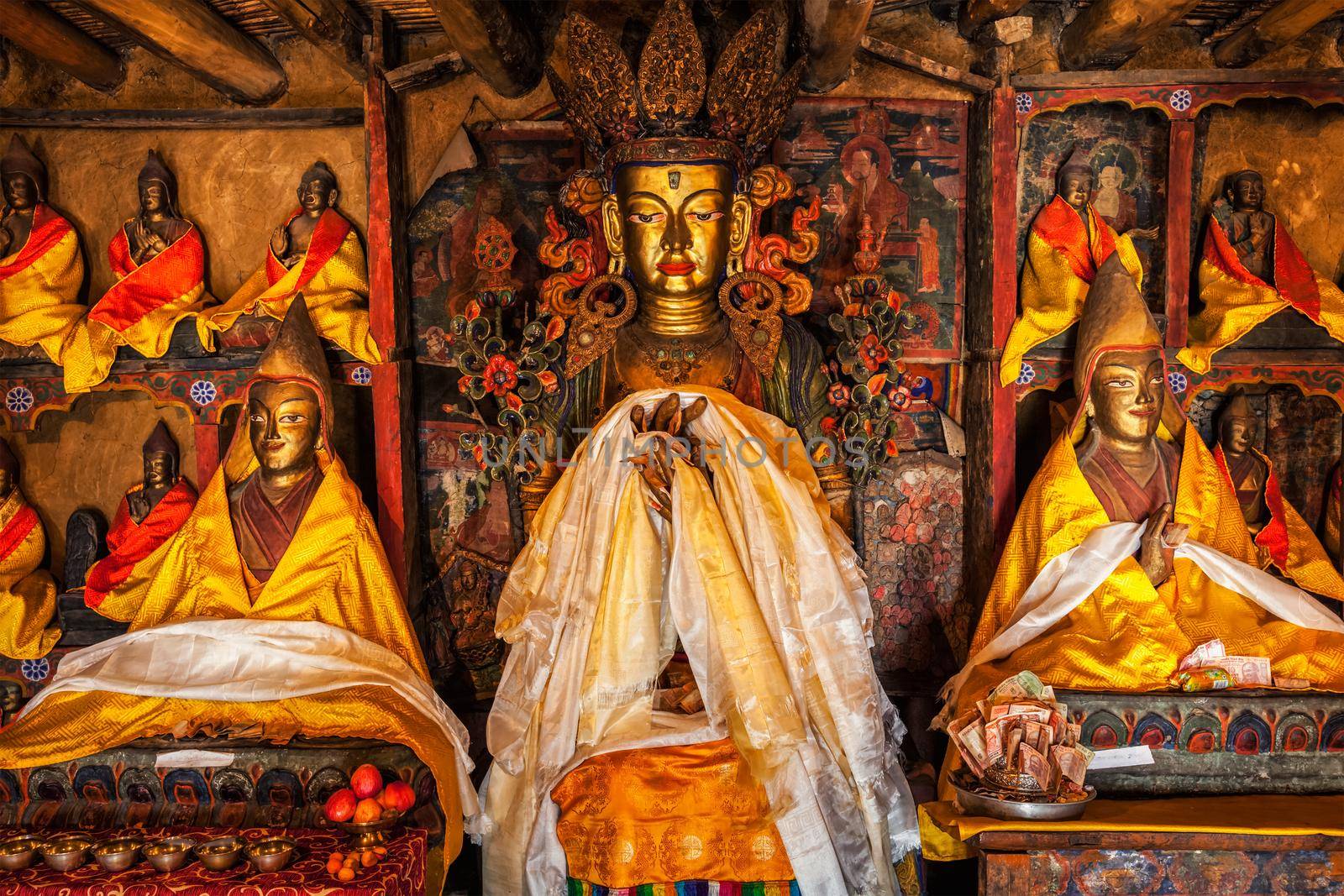 Maitreya Buddha statue close up Tibetan monastery Thiksey Gompa. Ladakh, Jammu and Kashmir, India