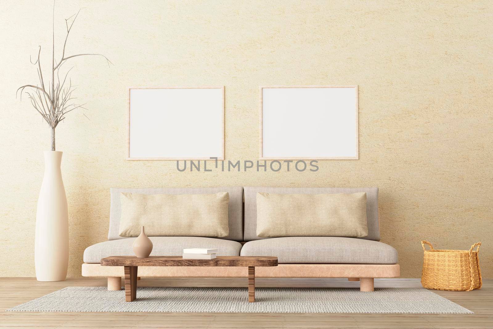 Two horizontal posters mockup in neutral style interior living room with low sofa, ceramic jug, side table, wicker basket and books on empty concrete wall background. 3d render.