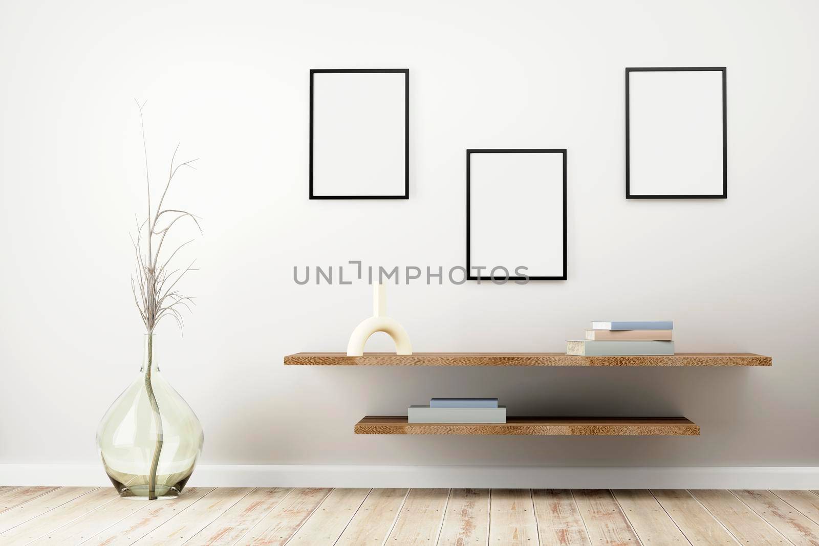 Three black frame standing on rustic wooden shelf, pastel colored books, dried plant into a glass jug on floor, in bright interior living-room.3d render by raferto1973