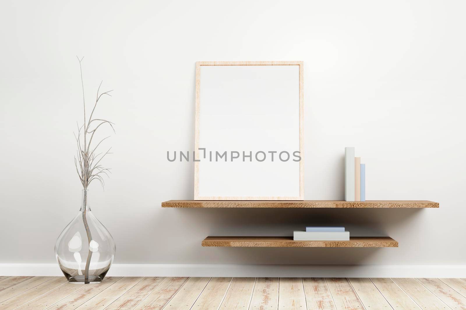Wooden frame standing on rustic wooden shelf, pastel colored books, dried plant into a glass jug on floor, in bright interior living-room.3d illustration