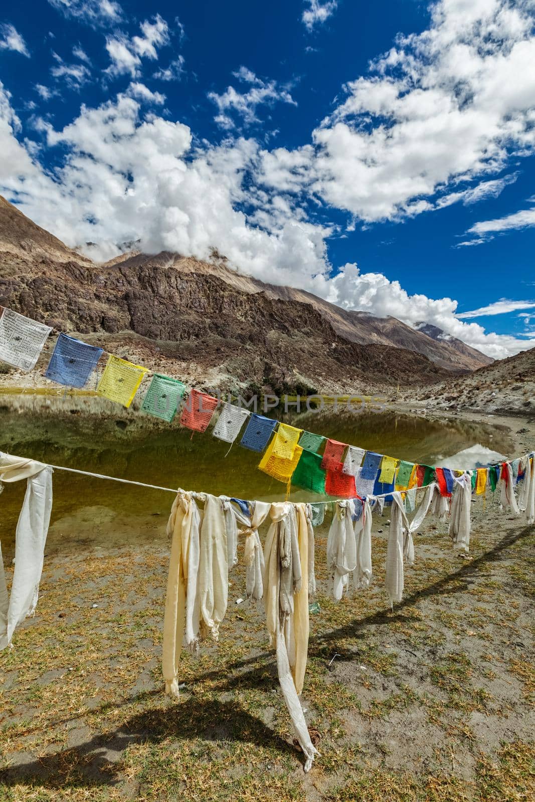 Tibetan Buddhist prayer flags (lungta) at sacred holy Tibetan buddhist buddhism piligrimage site lake Lohan Tso in Himalayas. Nubra valley, Ladakh, India