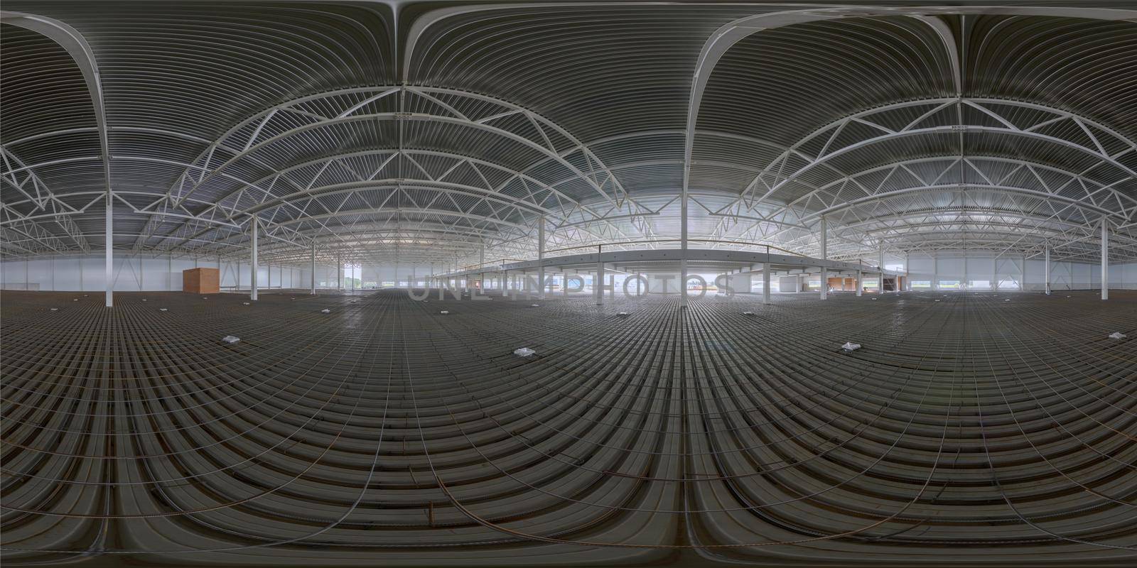 Spherical panorama of indoor construction site before concrete floor fill.