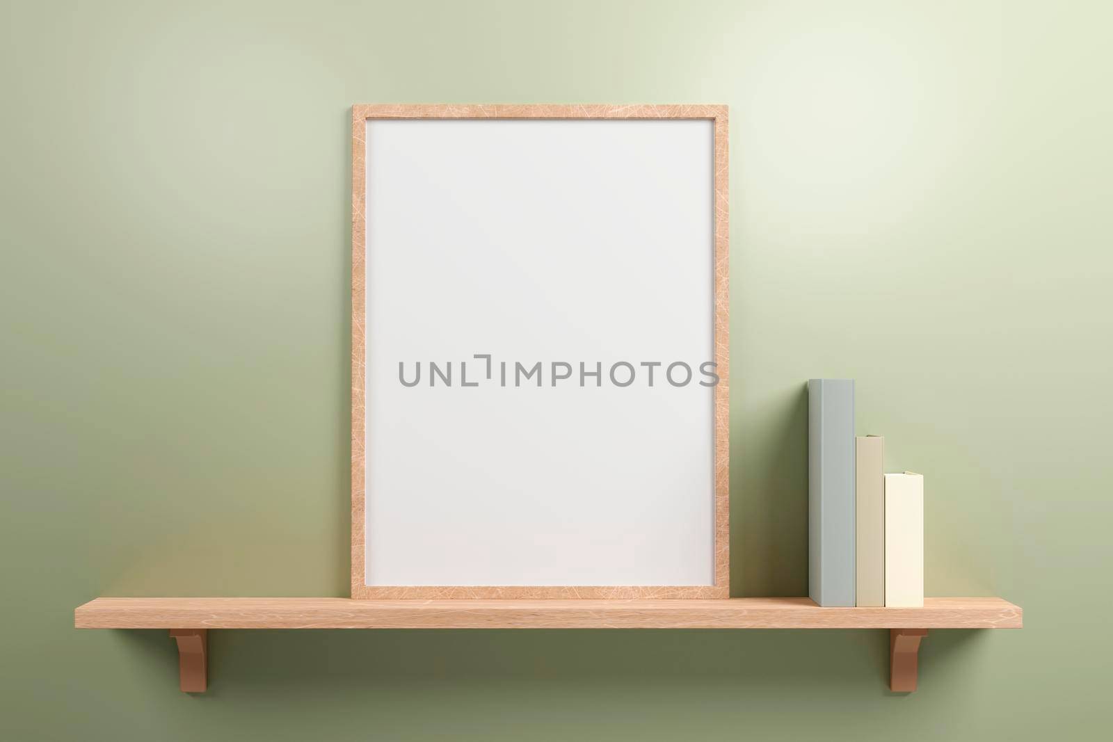 Small vertical wooden frame mockup in scandinavian style and colored pastel books on a wooden shelf on green wall background. 3d illustration