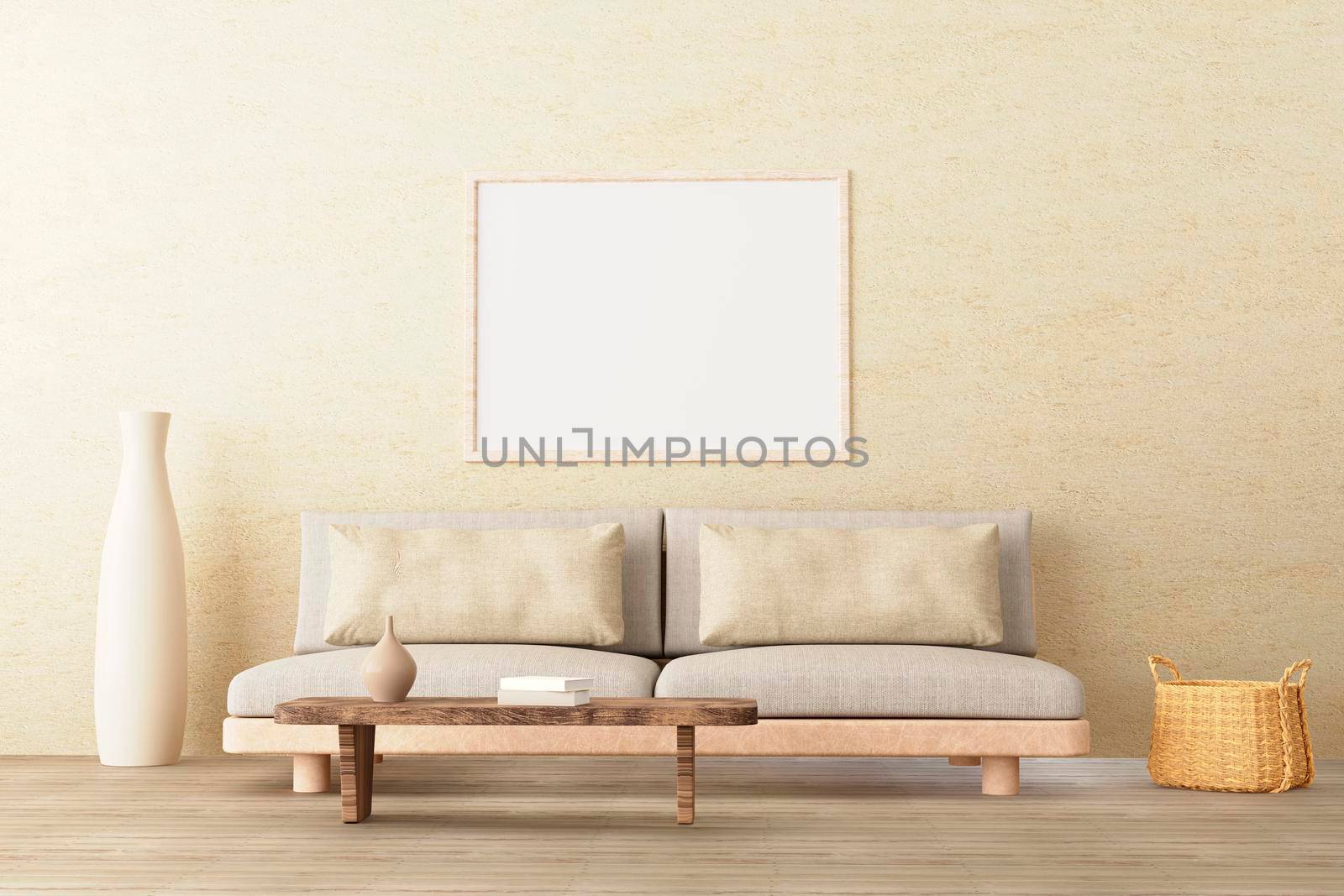 Vertical poster mockup in neutral style interior living room with low sofa, ceramic jug, side table, wicker basket and books on empty concrete wall background. 3d illustration. by raferto1973
