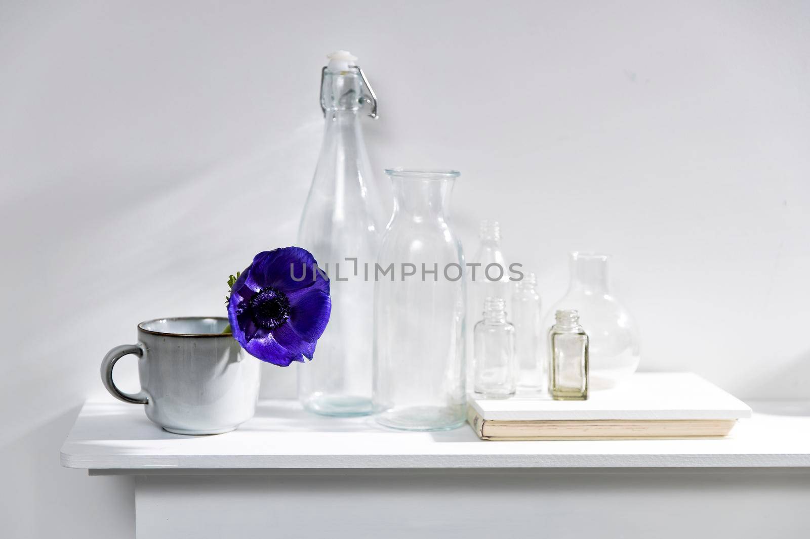 A blue anemone in a ceramic cup on a stack of old vintage books lying on a mantelpiece. Copy space. Bottles