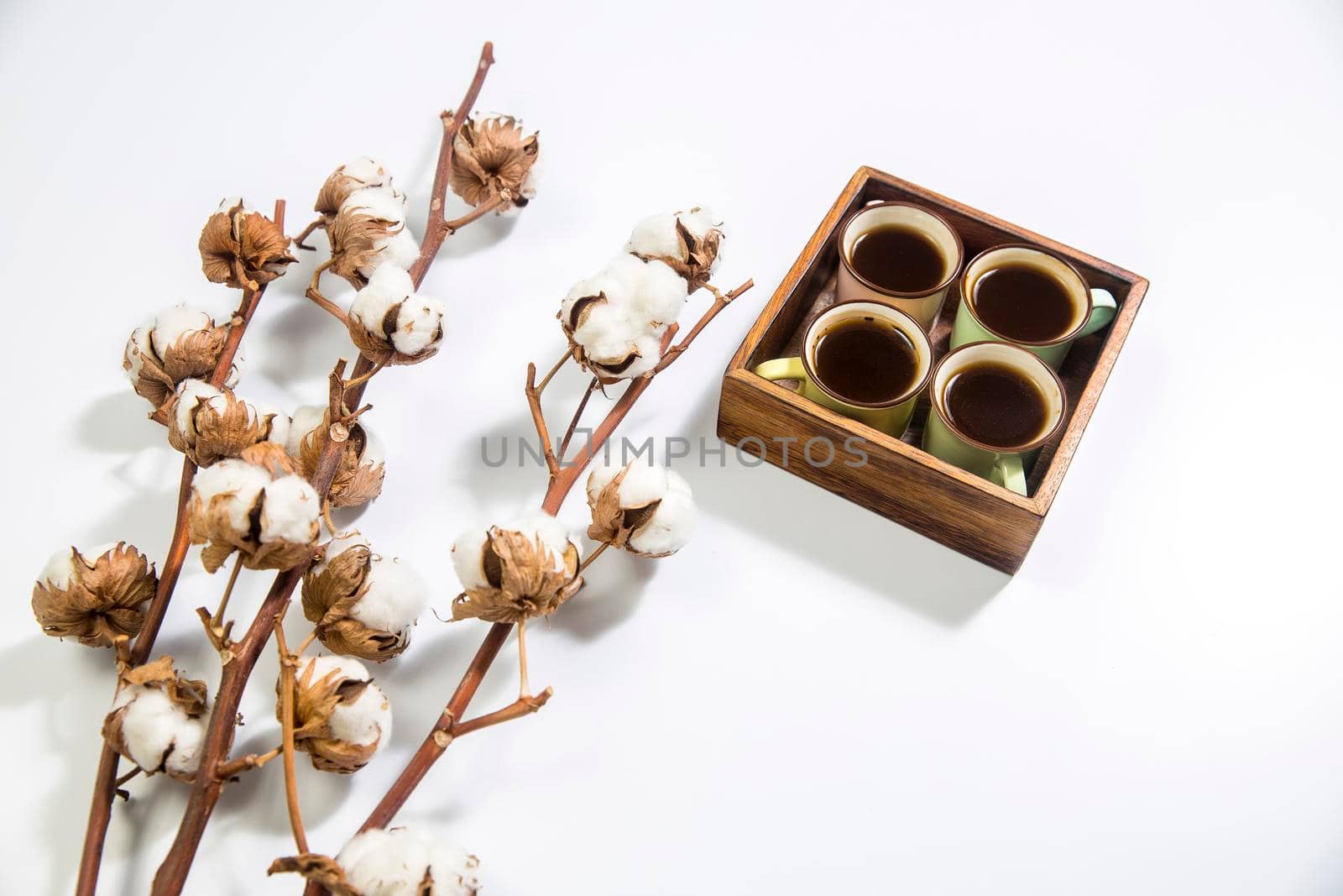 Dry branches of cotton on white. Mango wood wooden tray with four espresso coffee cups. Empty space