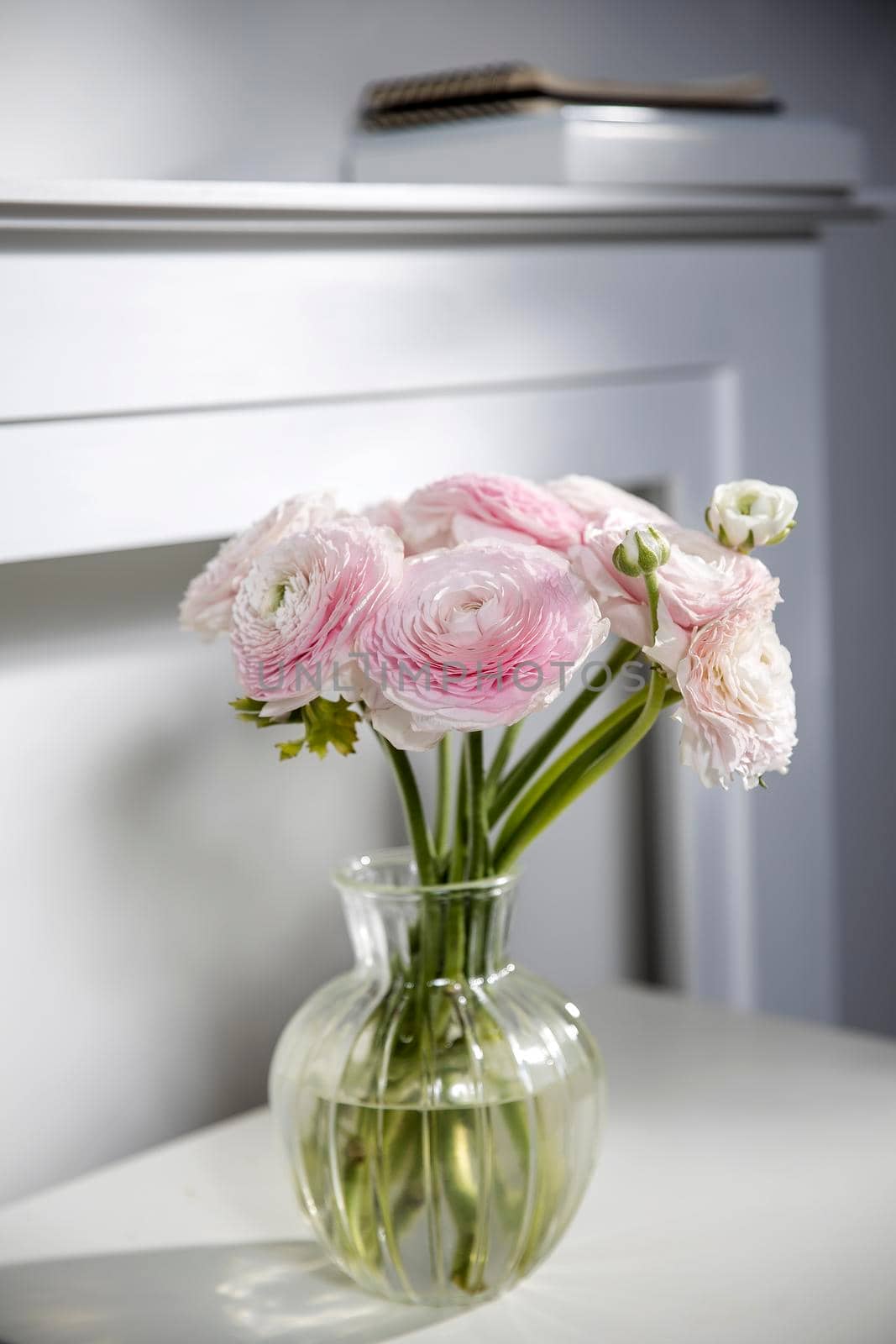 the bouquet of pale pink Persian buttercups in the glass vase on the table against the background of the fireplace.