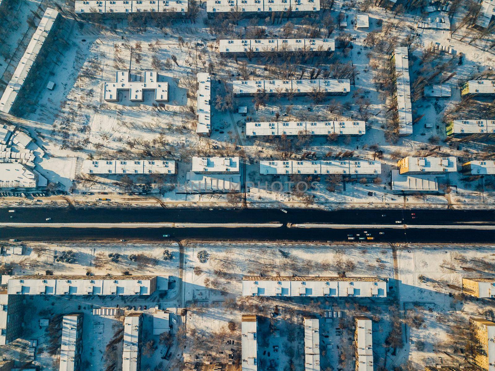 Aerial view of a freeway intersection Snow-covered in winter.,
