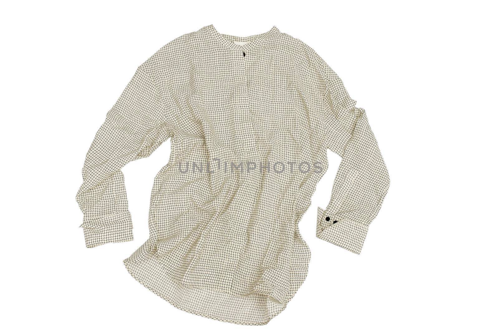Beige black silk blouse with cutout and long sleeve isolated on white. Casual style