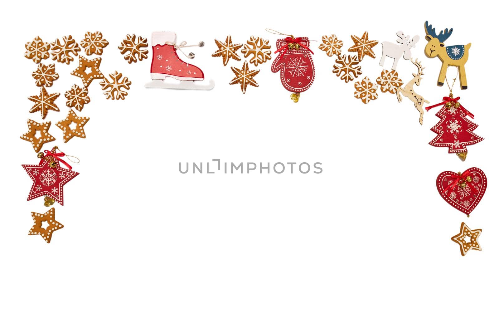 Red Christmas wooden flat toys with ornament and bells with sparkles and gingerbread in a row isolated on white. Christmas card.Red Christmas wooden flat toys with ornament and bells with sparkles and gingerbread in a row isolated on white. Christmas card. by elenarostunova