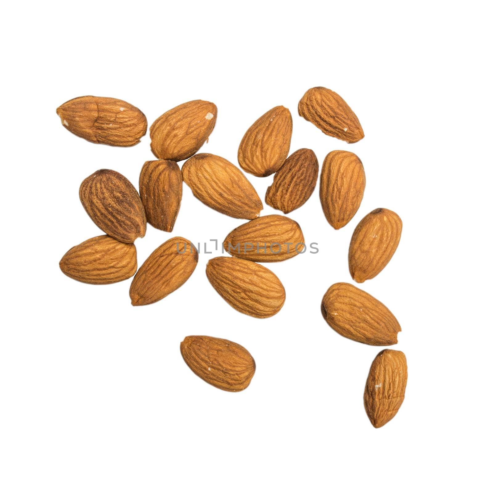 Almond kernels isolated on white. Square frame