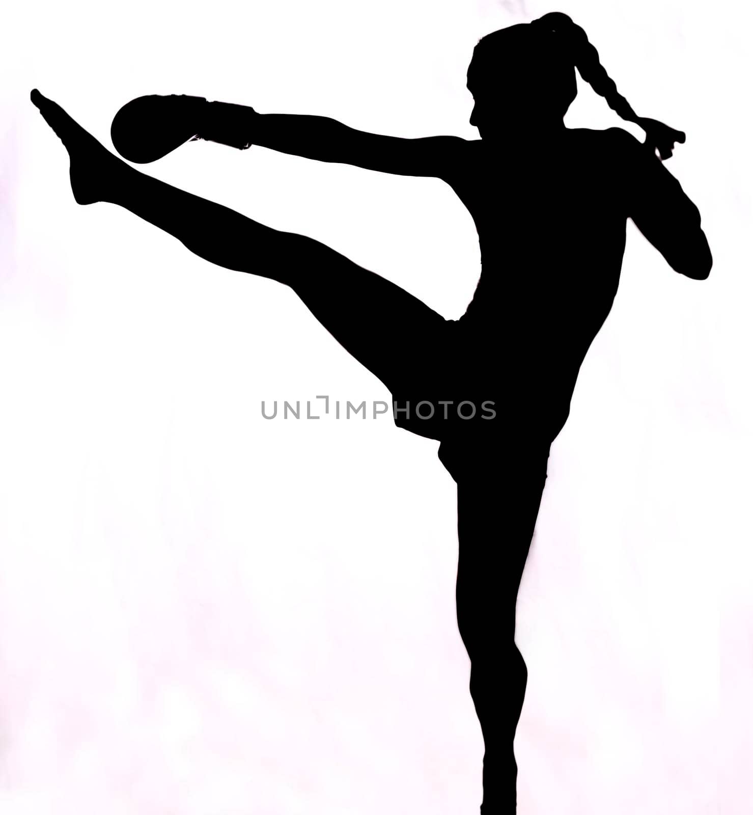 Silhouette of woman jumping with boxing gloves. black and white, not recognisable, acrobatic, ponytail