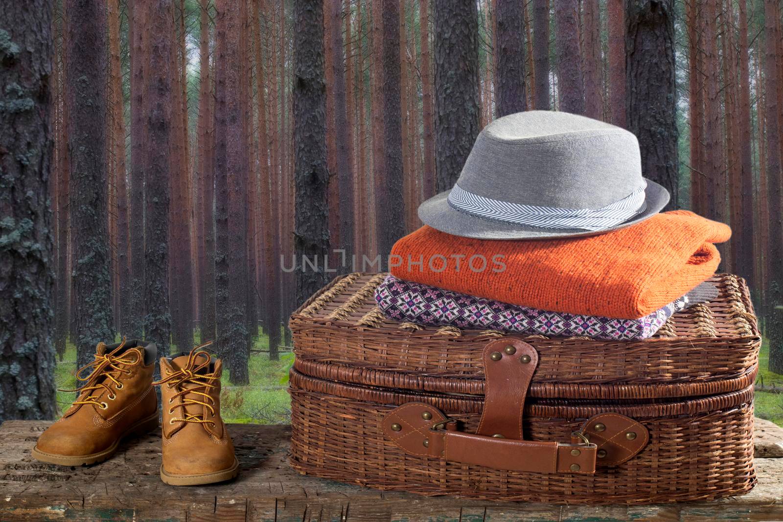 Suitcase with warm clothes and boots on wooden surface of bench against beautiful summer landscape with pine forest. Concept.