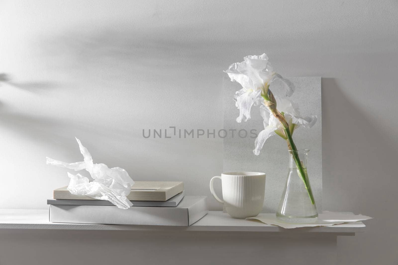 A vase with white iris, pieces of paper, a cup of tea. Scandinavian style.