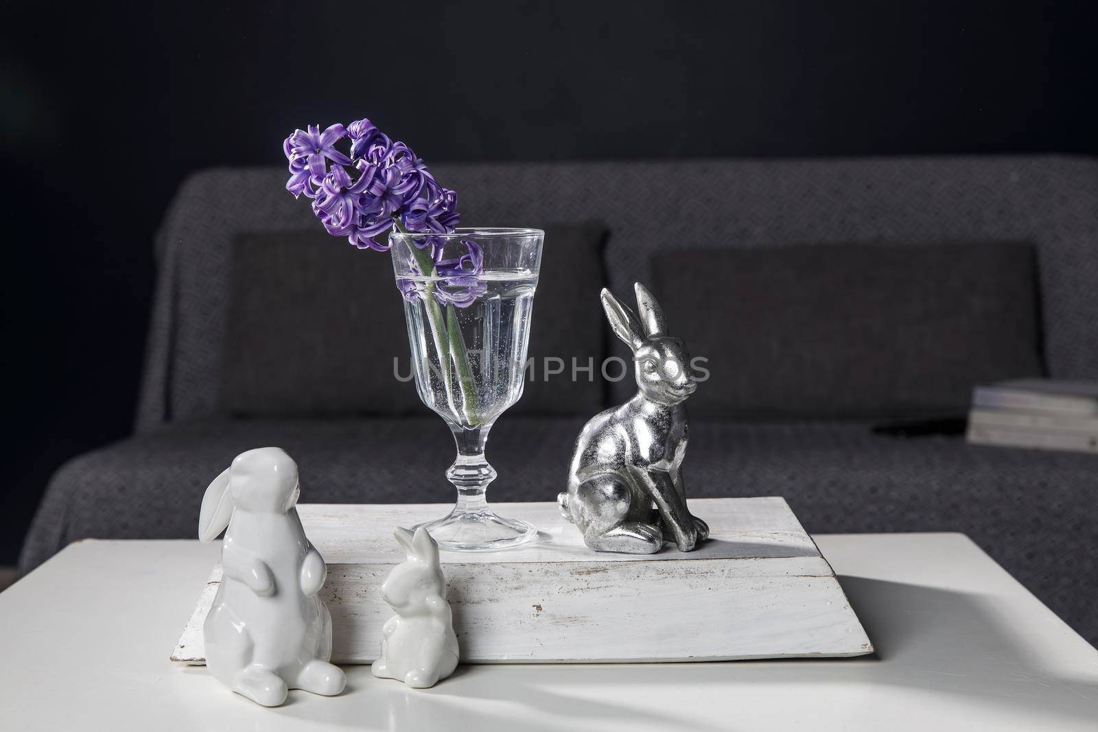 Ceramic figurines of Easter bunnies of different sizes on the table. Blue and white hyacinths in glass cups on a dark background. Easter design by elenarostunova