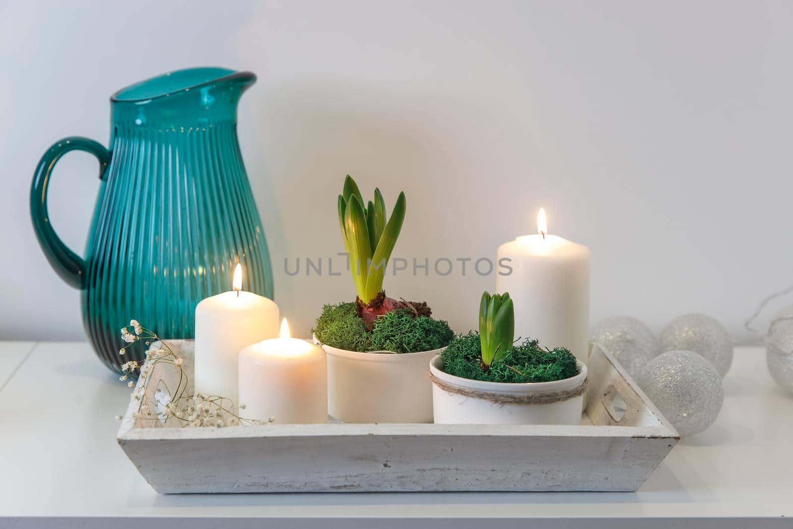 Unblown hyacinths with burning candles on a wooden vintage tray. Palm tree shadow on the wall. Home decoration for spring