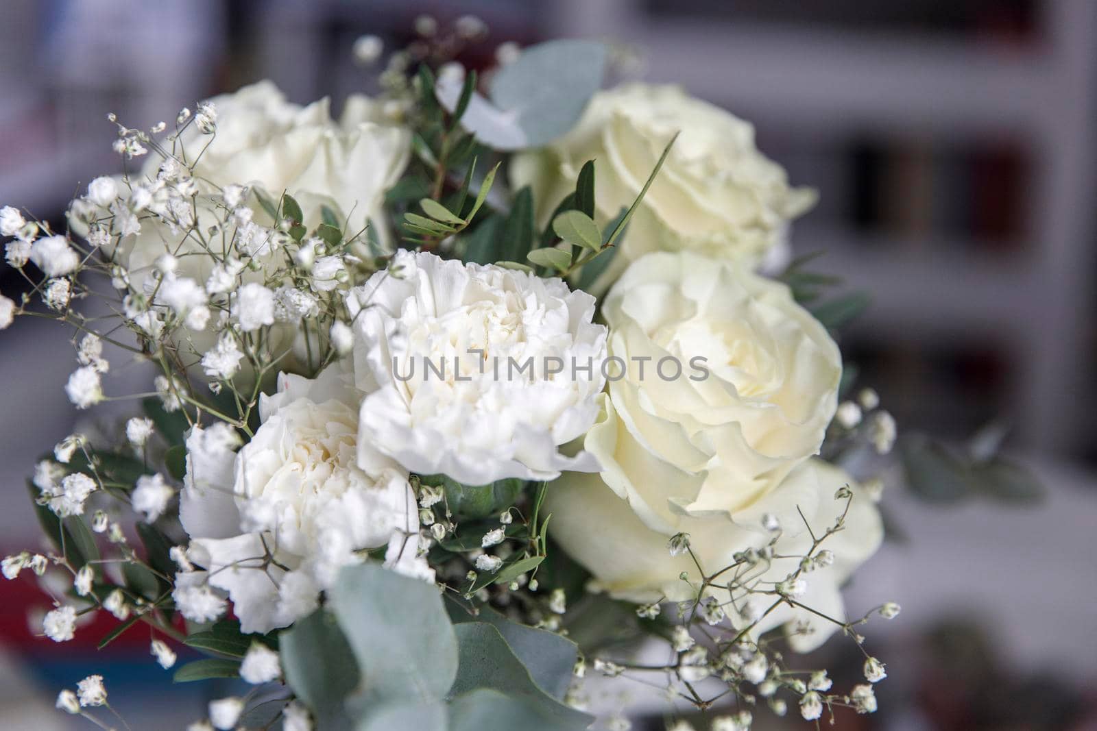 White roses, terry carnations, lisianthus, gypsophila and eucalyptus are in the bride's wedding bouquet