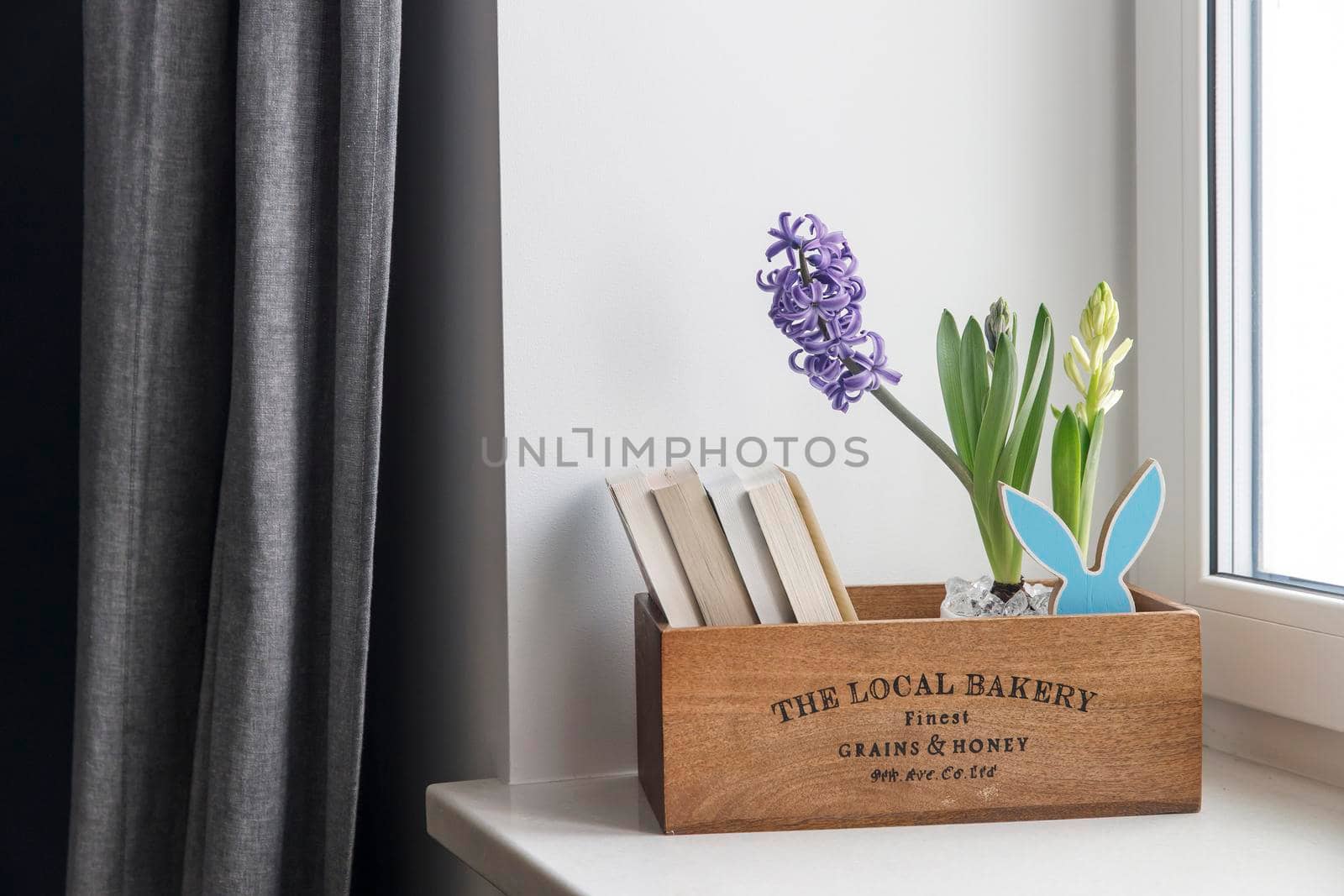 Interior decoration for Easter. Blooming blue hyacinths and books in a wooden storage box on a windowsill. Ceramic hare. by elenarostunova