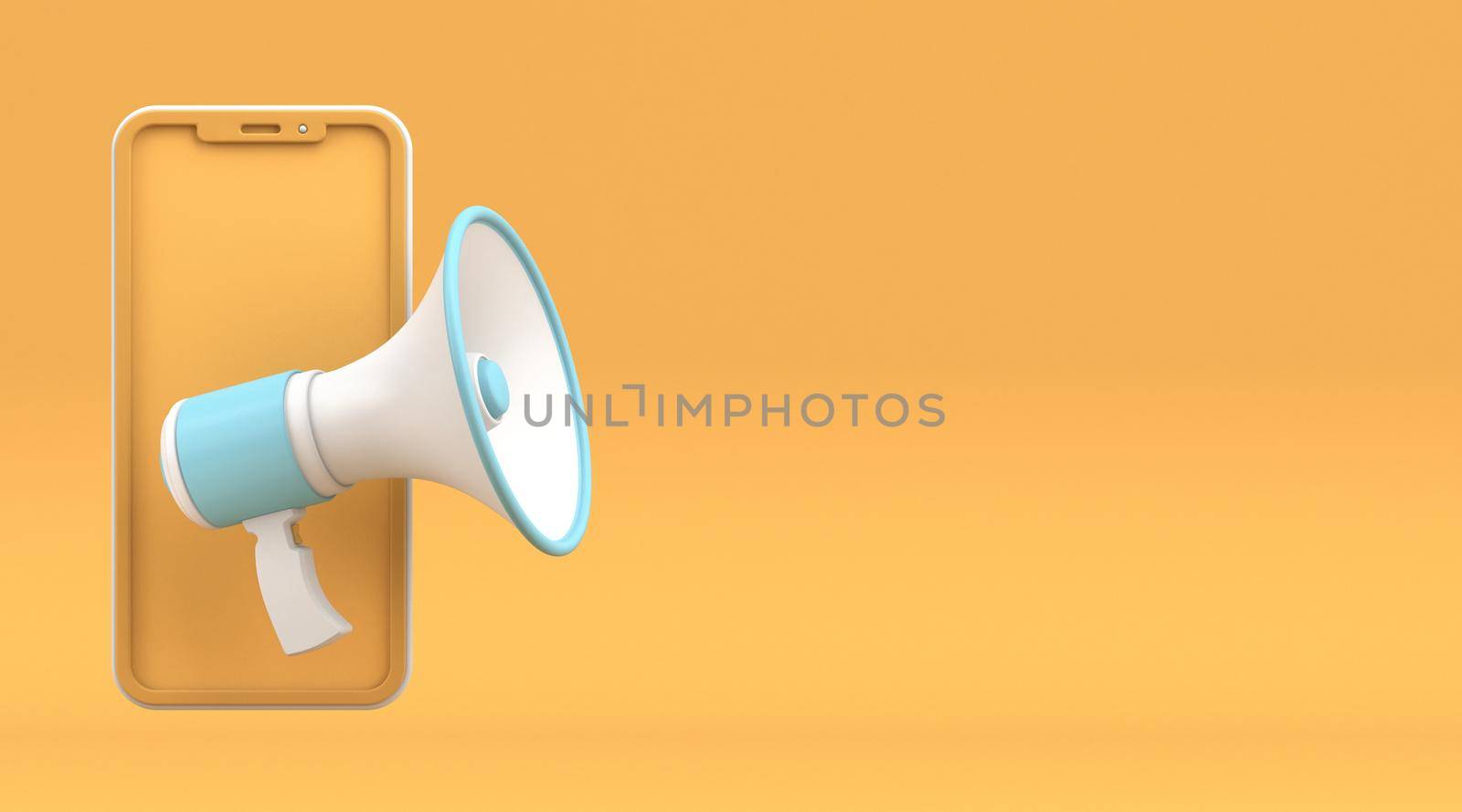 Megaphone and mobile phone 3D rendering illustration isolated on yellow background