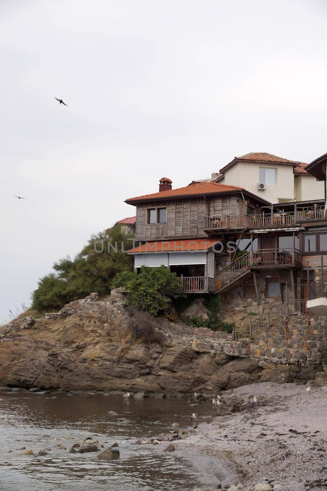 tourist town Sozopol Bulgaria, old houses on the high seashore.