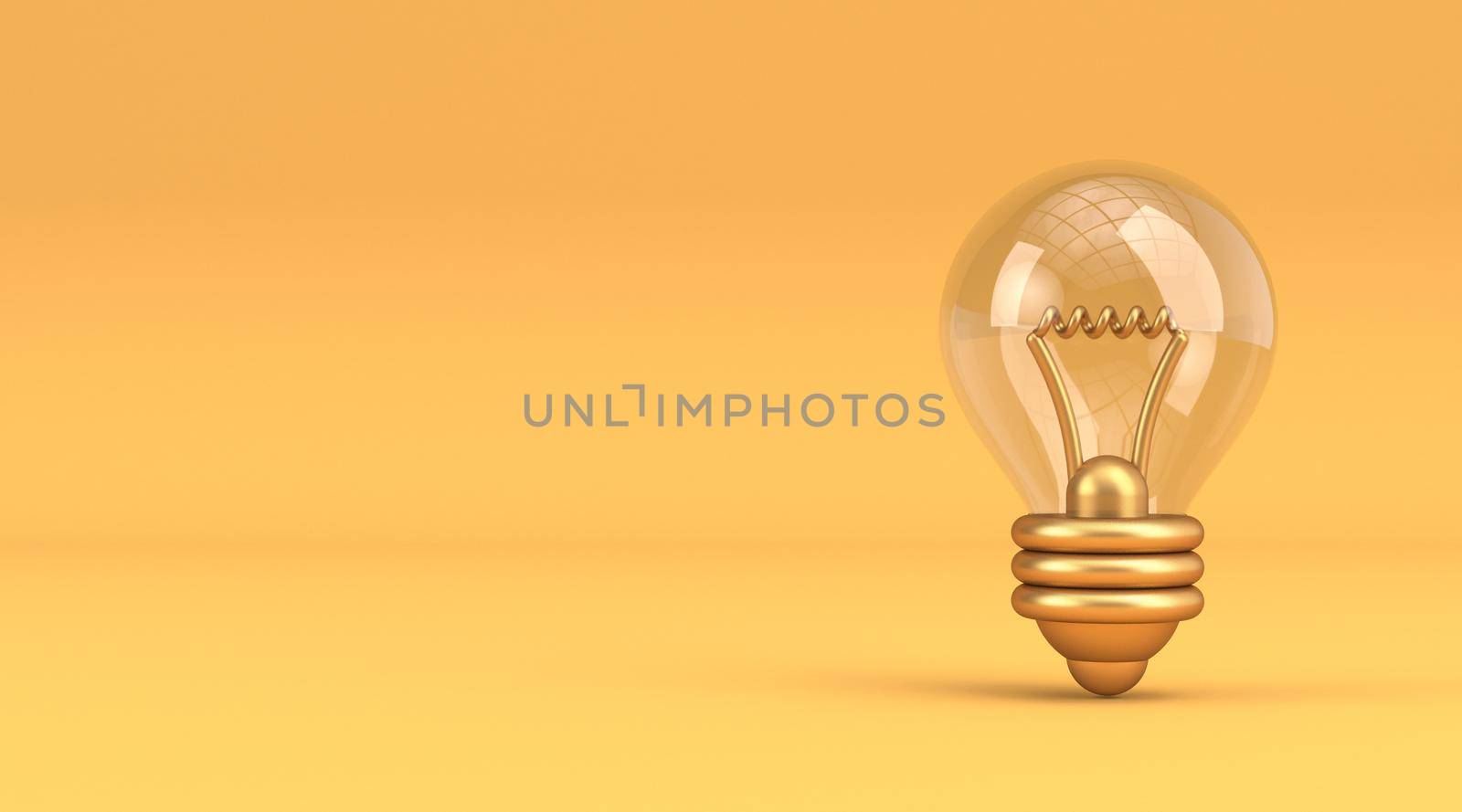 Yellow gold light bulb 3D rendering illustration isolated on yellow background